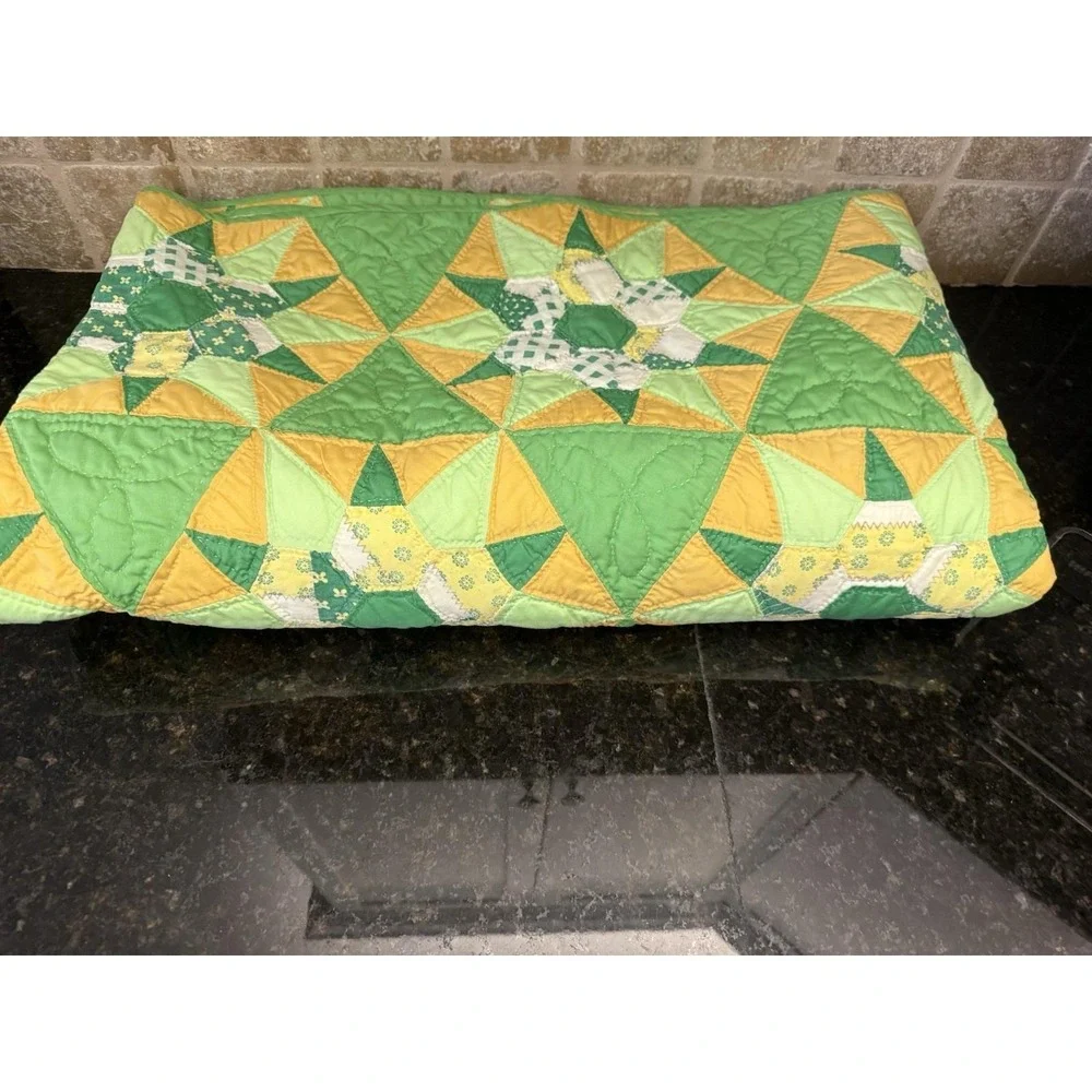 Vintage Hand Made Nine Patch Star Quilt‎ 5'x8' Green Yellow Quilted Twin Double